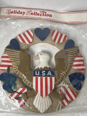 Vintage 1980s American Eagle Patriotic Burlap Wreath 12” NIP